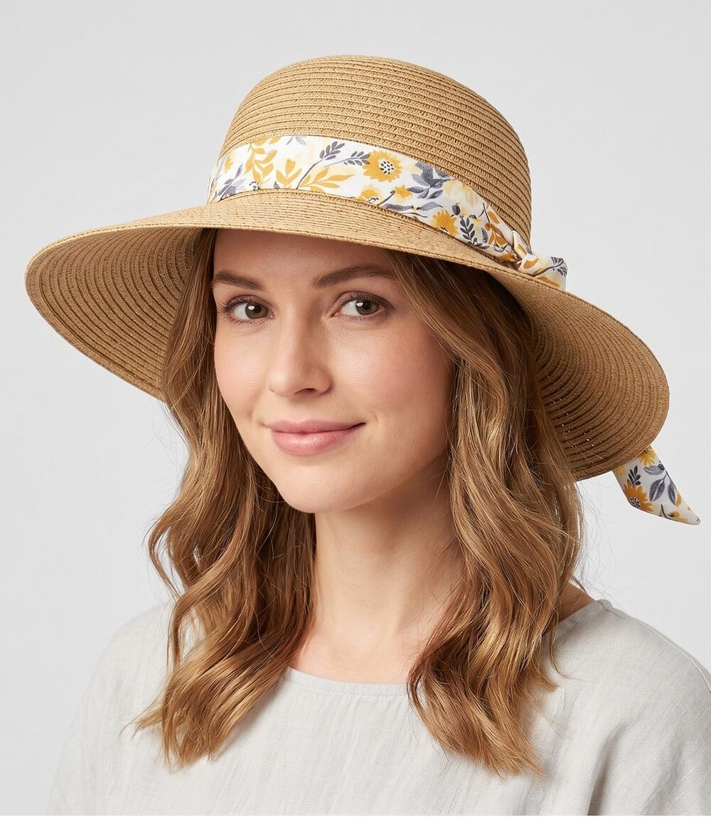 Aman Beige Womens Sun Hat with Yellow Green White Floral Ribbon